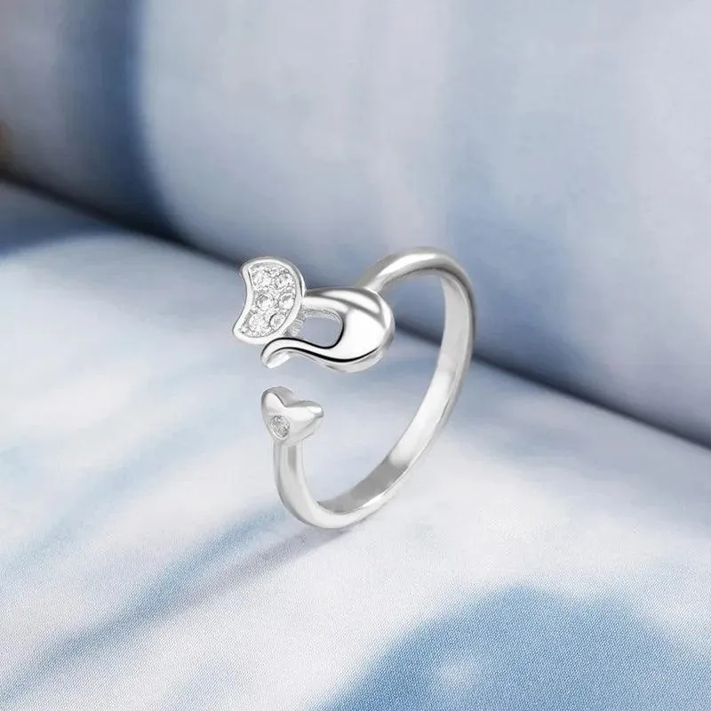 New Cute Lifelike Cat Opening Rings For Women and Girls - Trendy Silver Color Adjustable Jewellery Rings