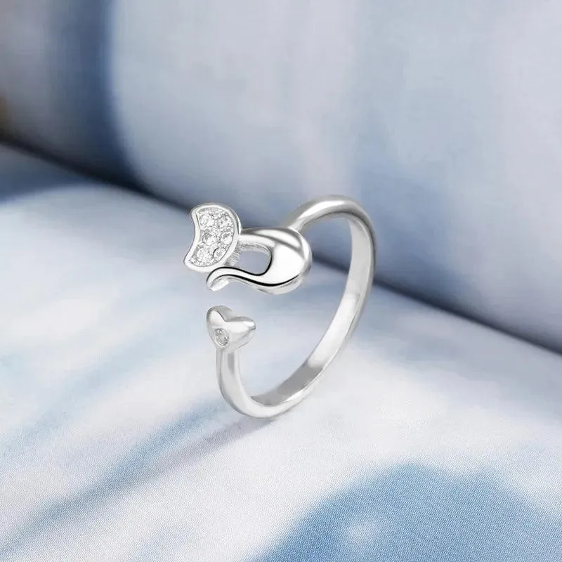 New Cute Lifelike Cat Opening Rings For Women and Girls - Trendy Silver Color Adjustable Jewellery Rings