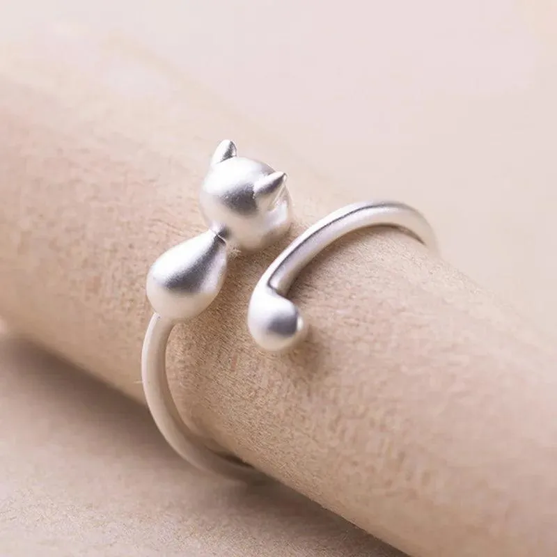 New Cute Lifelike Cat Opening Rings For Women and Girls - Trendy Silver Color Adjustable Jewellery Rings
