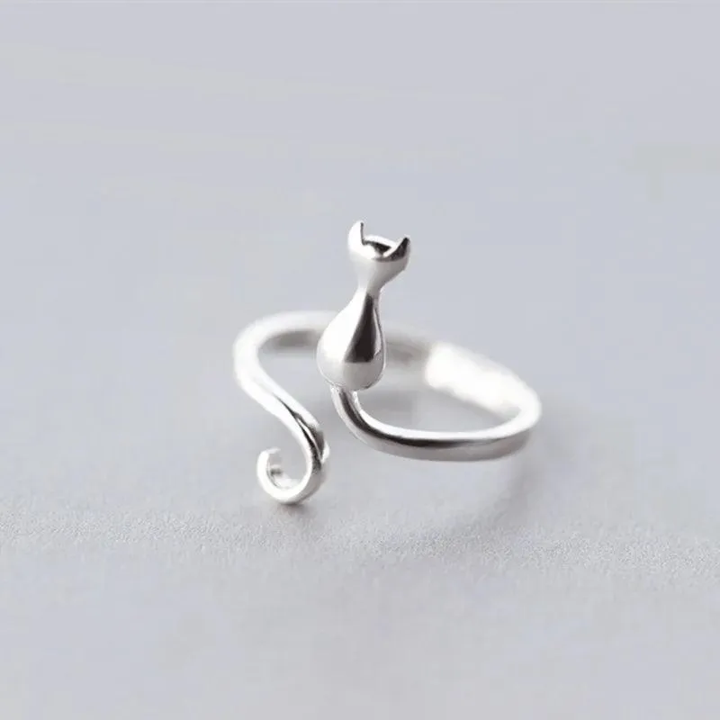 New Cute Lifelike Cat Opening Rings For Women and Girls - Trendy Silver Color Adjustable Jewellery Rings
