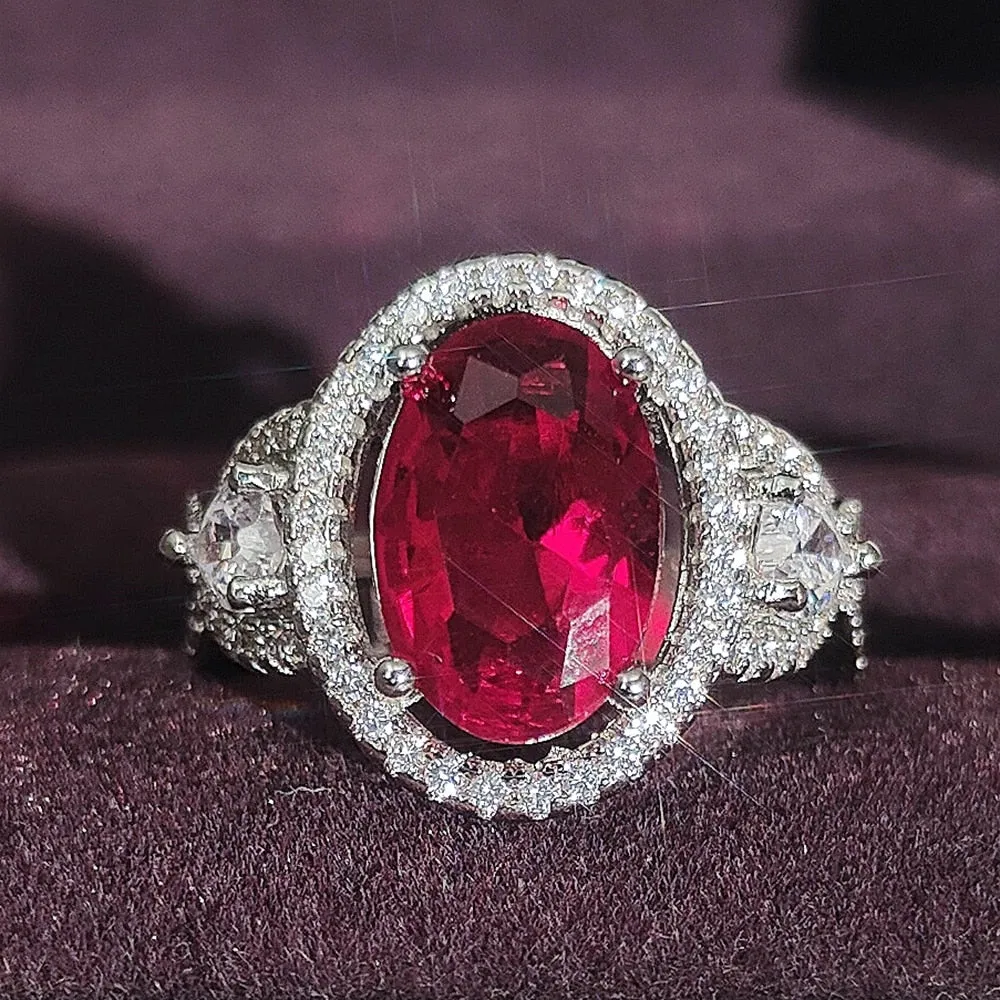 NEW  Designer Luxury Red Stone Oval Cut AAA  Quality CZ Diamonds Fashion Rings