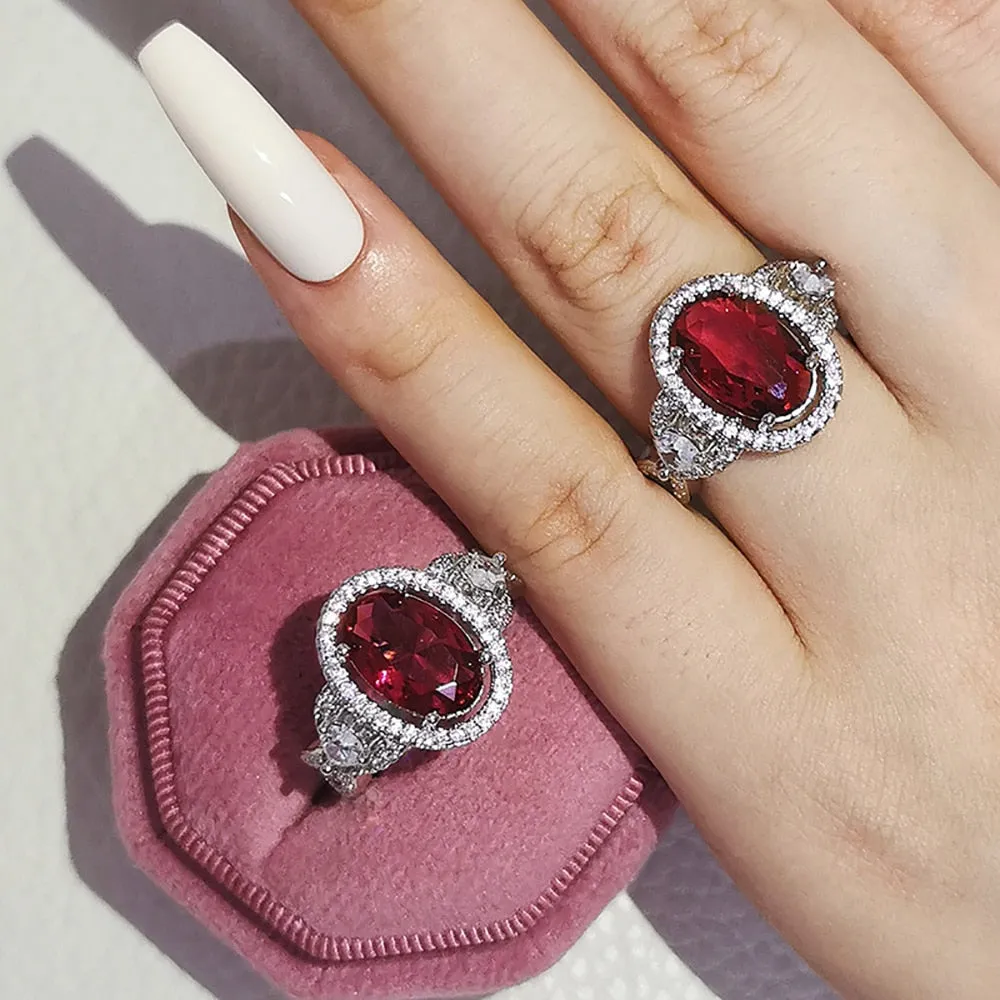 NEW  Designer Luxury Red Stone Oval Cut AAA  Quality CZ Diamonds Fashion Rings