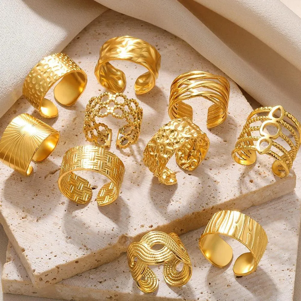 New In Stainless Steel Wide Rings for Women Girl - 18K Gold Colour Trendy Jewellery Gifts