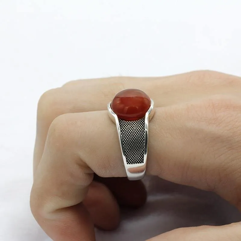 New Natural Red Semi-precious Agate Stone Ring For Men