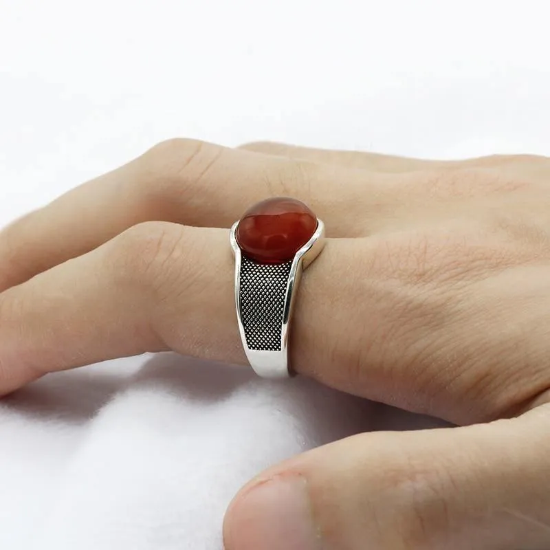 New Natural Red Semi-precious Agate Stone Ring For Men