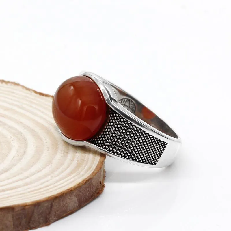 New Natural Red Semi-precious Agate Stone Ring For Men