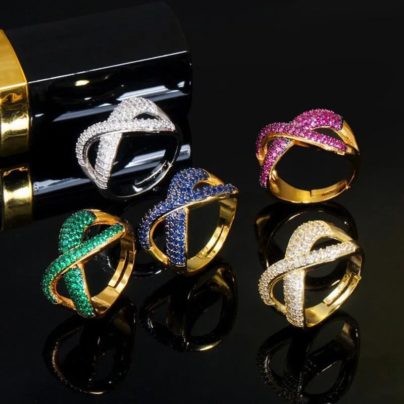 New Noble Micro Green Blue Red AAA  CZ Crystals Pave Gold Colour Luxury Cross Geometry Fashion Rings