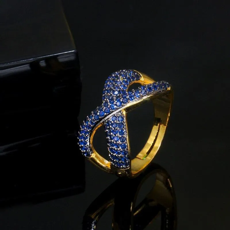 New Noble Micro Green Blue Red AAA  CZ Crystals Pave Gold Colour Luxury Cross Geometry Fashion Rings