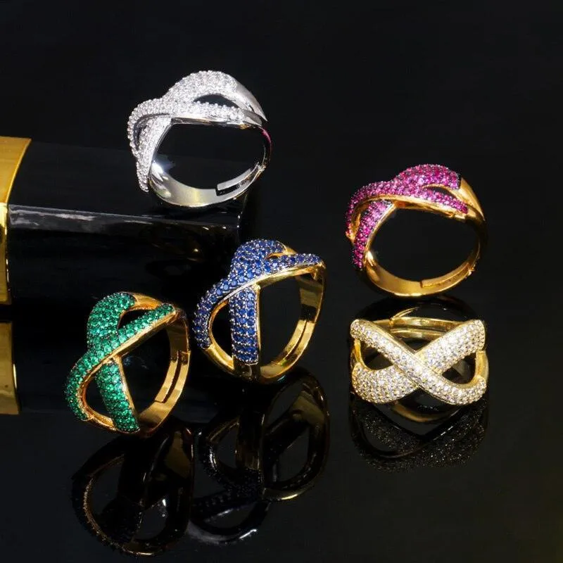 New Noble Micro Green Blue Red AAA  CZ Crystals Pave Gold Colour Luxury Cross Geometry Fashion Rings