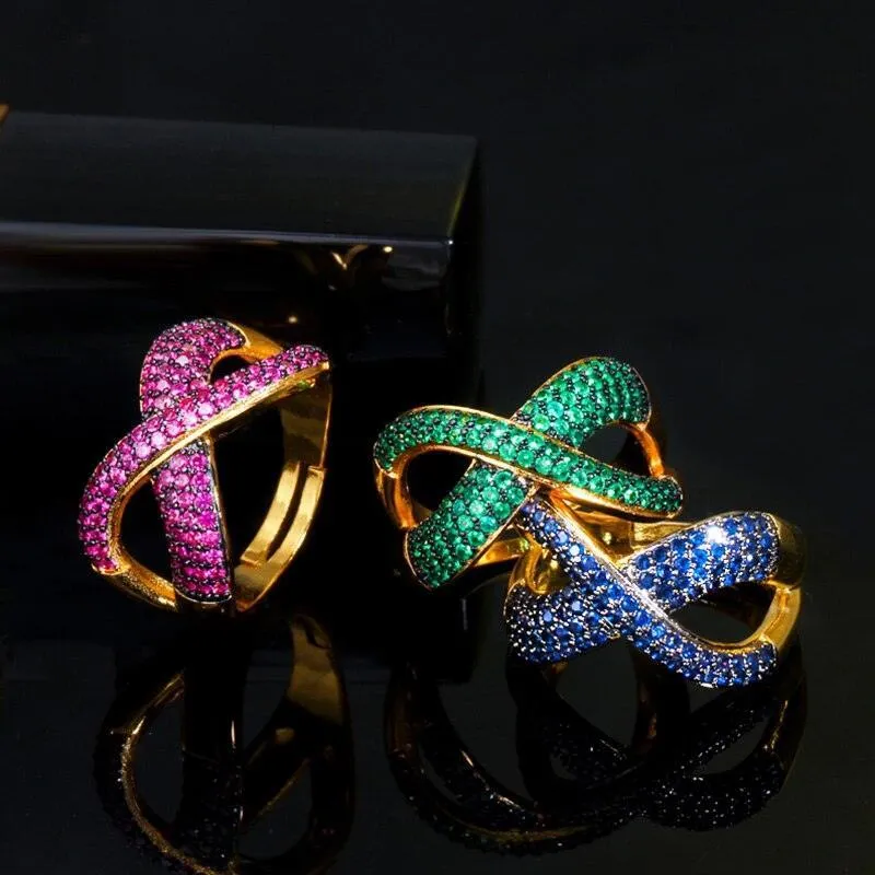 New Noble Micro Green Blue Red AAA  CZ Crystals Pave Gold Colour Luxury Cross Geometry Fashion Rings