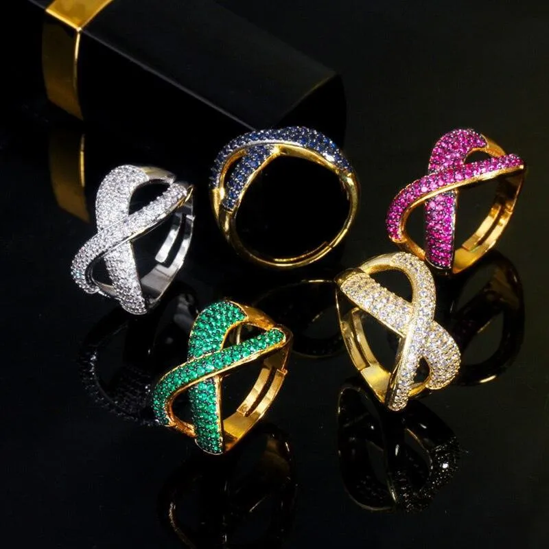 New Noble Micro Green Blue Red AAA  CZ Crystals Pave Gold Colour Luxury Cross Geometry Fashion Rings