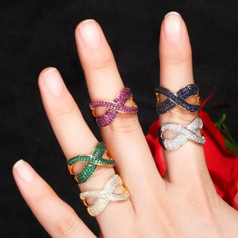 New Noble Micro Green Blue Red AAA  CZ Crystals Pave Gold Colour Luxury Cross Geometry Fashion Rings