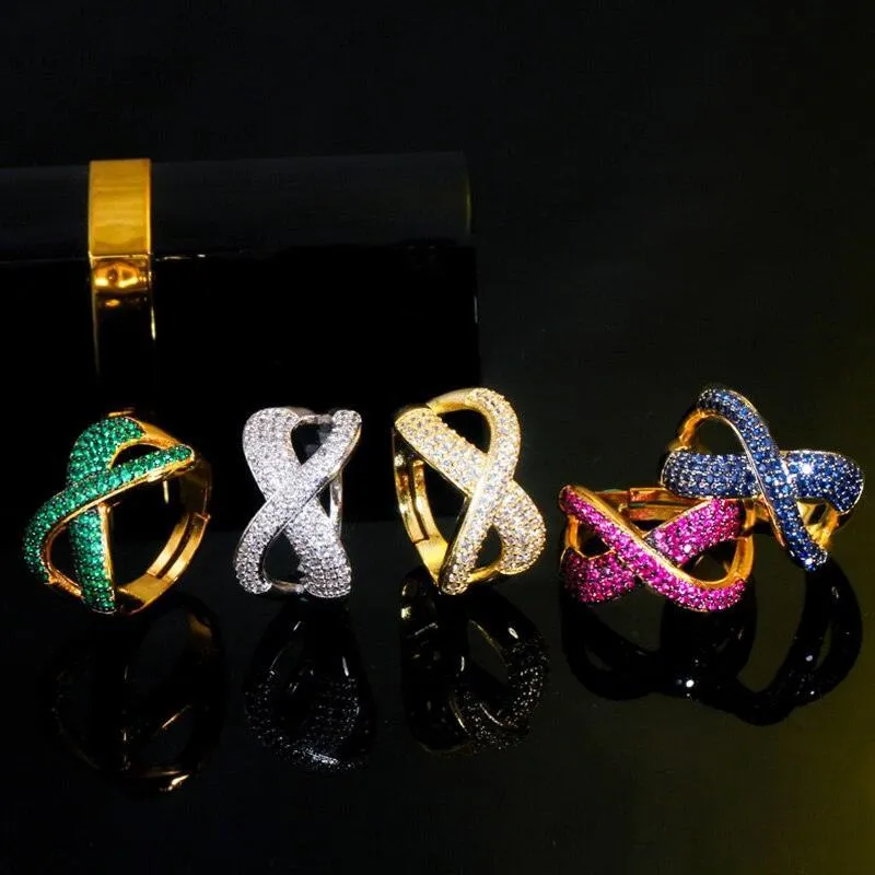 New Noble Micro Green Blue Red AAA  CZ Crystals Pave Gold Colour Luxury Cross Geometry Fashion Rings