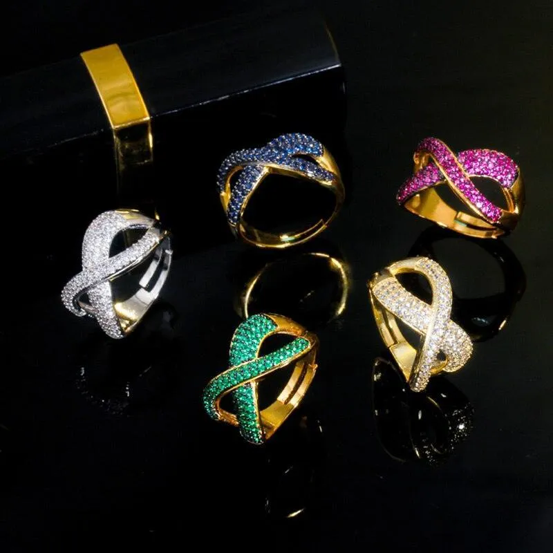 New Noble Micro Green Blue Red AAA  CZ Crystals Pave Gold Colour Luxury Cross Geometry Fashion Rings