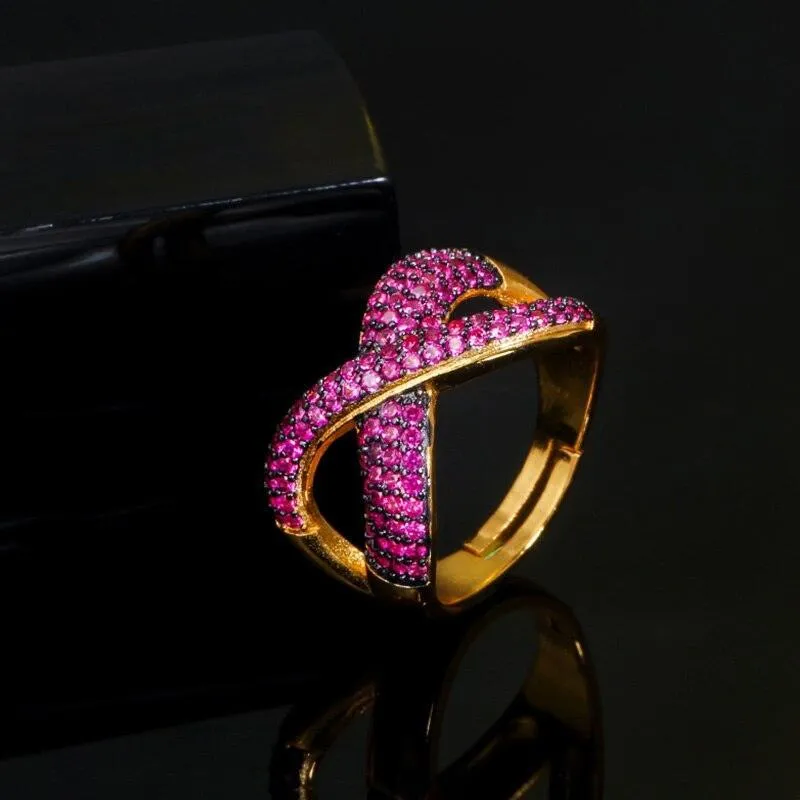New Noble Micro Green Blue Red AAA  CZ Crystals Pave Gold Colour Luxury Cross Geometry Fashion Rings
