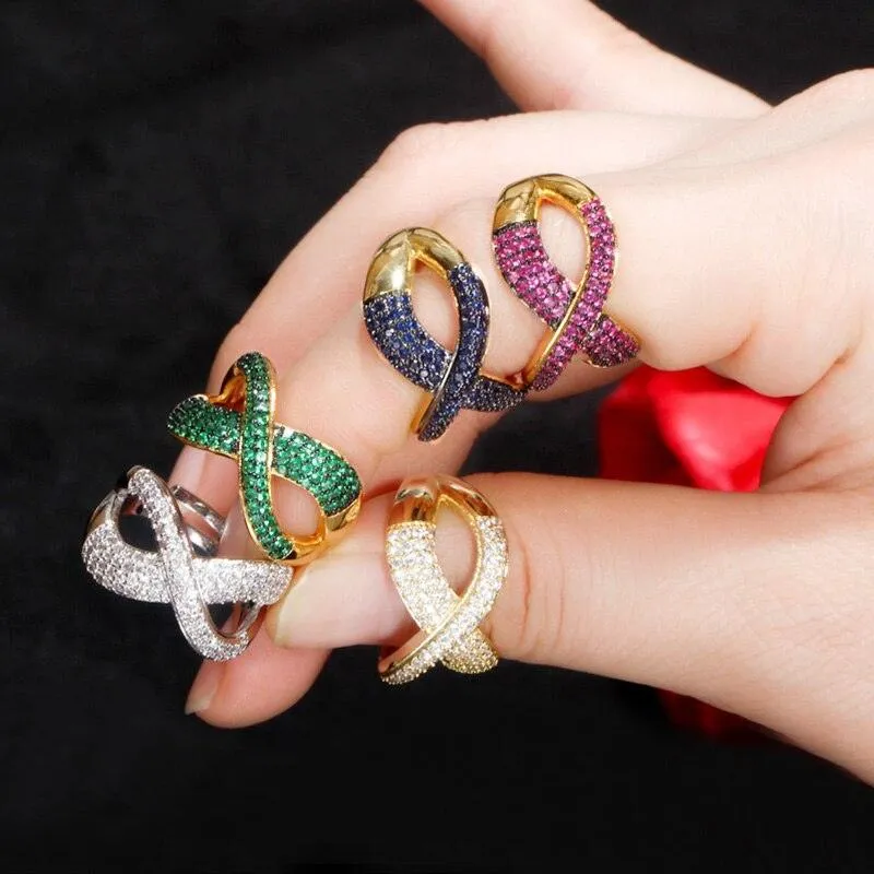 New Noble Micro Green Blue Red AAA  CZ Crystals Pave Gold Colour Luxury Cross Geometry Fashion Rings