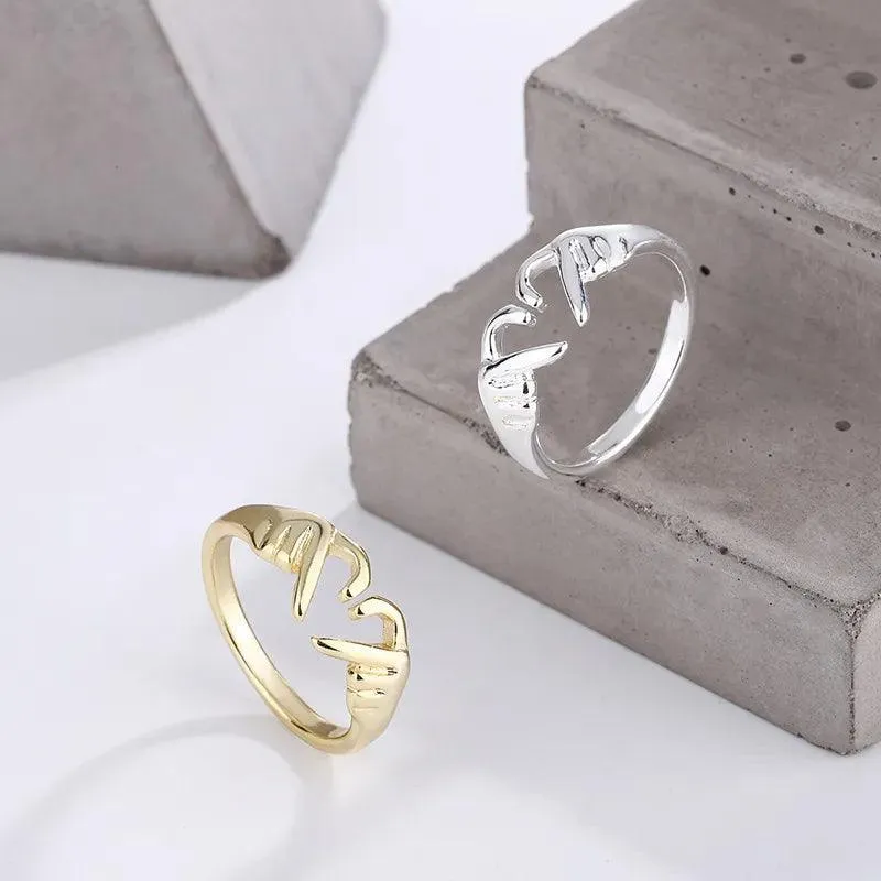 New Popular Romantic Heart Hand Hug Fashion Ring for Women and Girls -  Silver Color Punk Gesture Fashion Gift