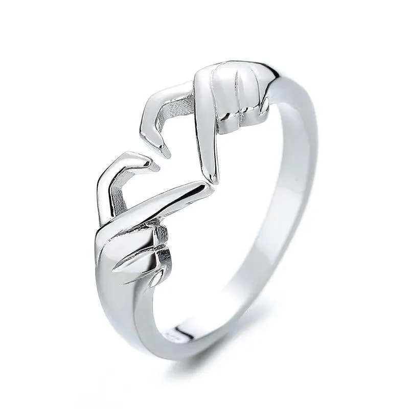 New Popular Romantic Heart Hand Hug Fashion Ring for Women and Girls -  Silver Color Punk Gesture Fashion Gift