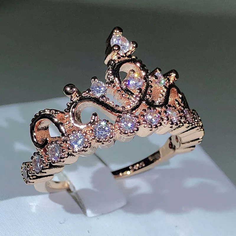 NEW Silver Birthstone Princess Jewelry Romantic Fashion AAAA Quality CZ Diamonds Crown Rings