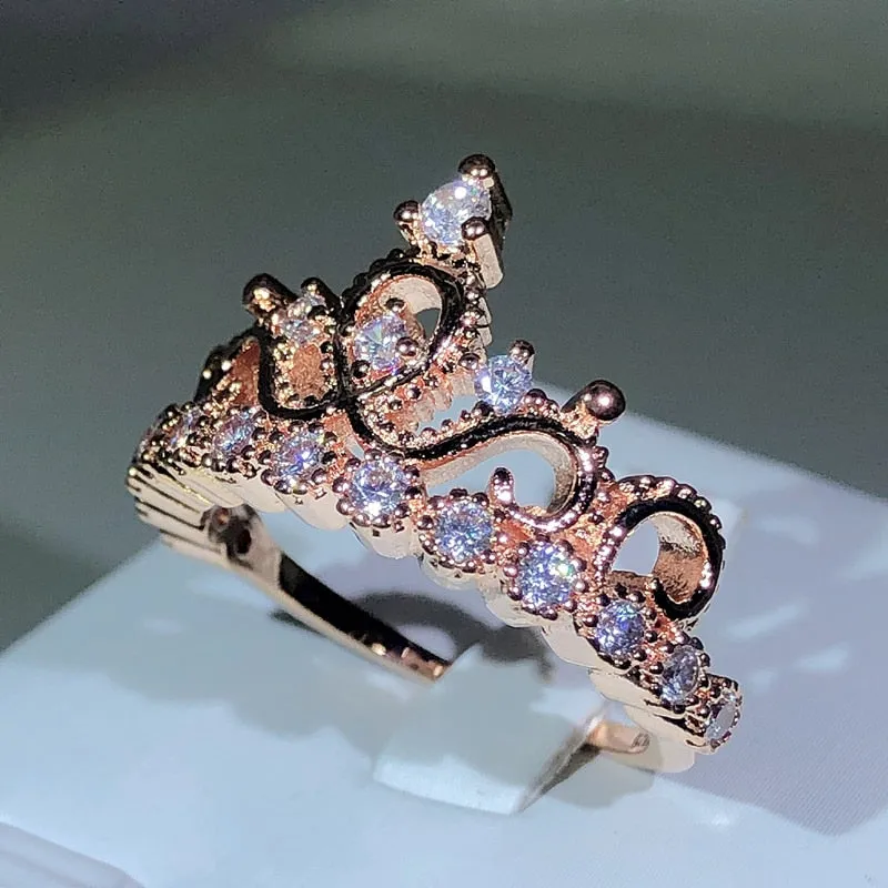 NEW Silver Birthstone Princess Jewelry Romantic Fashion AAAA Quality CZ Diamonds Crown Rings