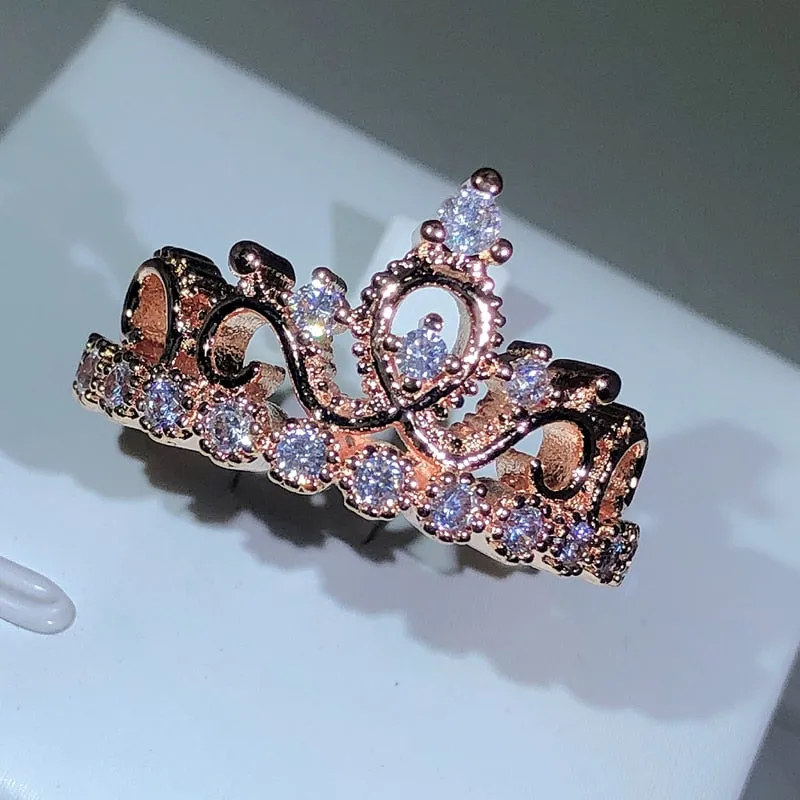 NEW Silver Birthstone Princess Jewelry Romantic Fashion AAAA Quality CZ Diamonds Crown Rings