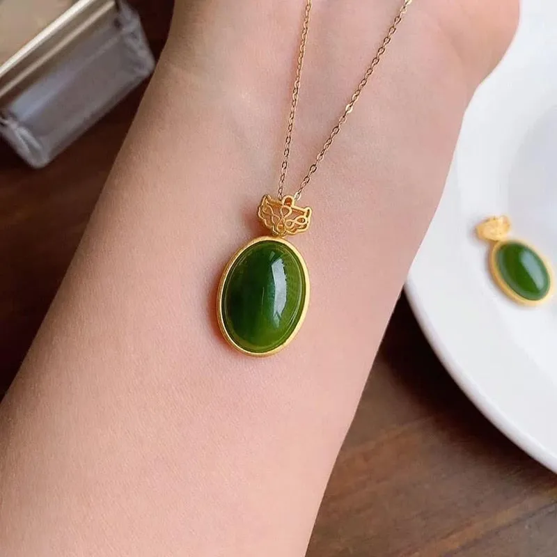 New silver inlaid natural Hetian chalcedony Pendant Necklace