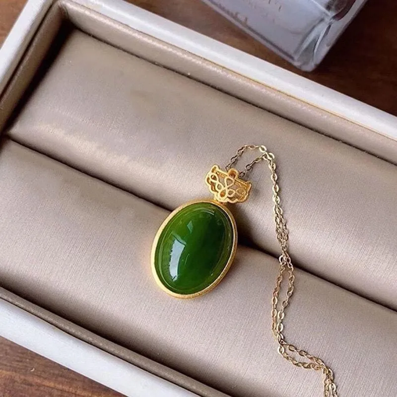 New silver inlaid natural Hetian chalcedony Pendant Necklace