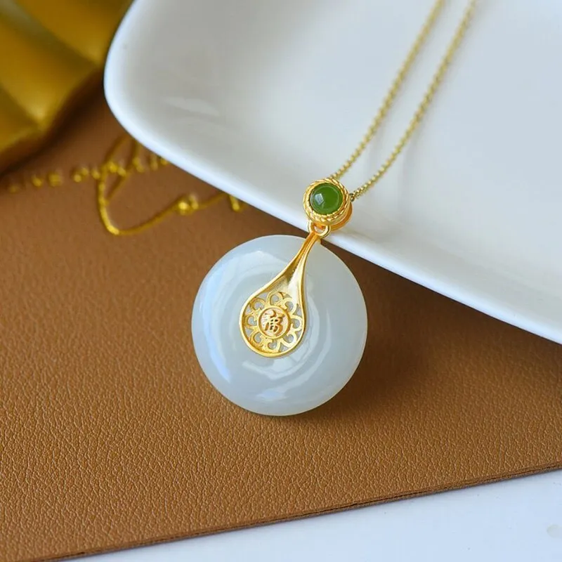 New silver inlaid natural Hetian  jade pulp Pendant Necklace