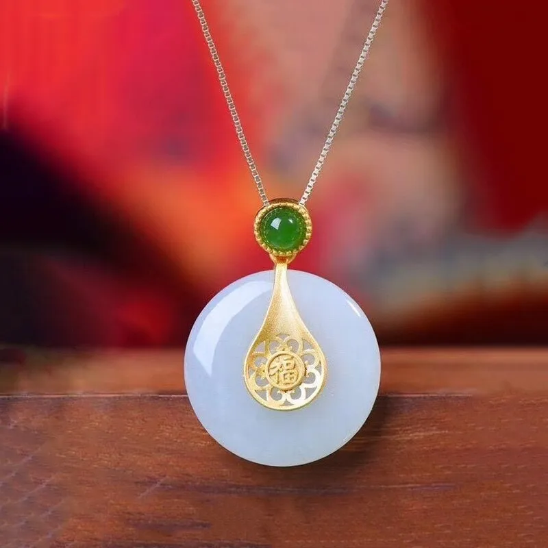 New silver inlaid natural Hetian  jade pulp Pendant Necklace
