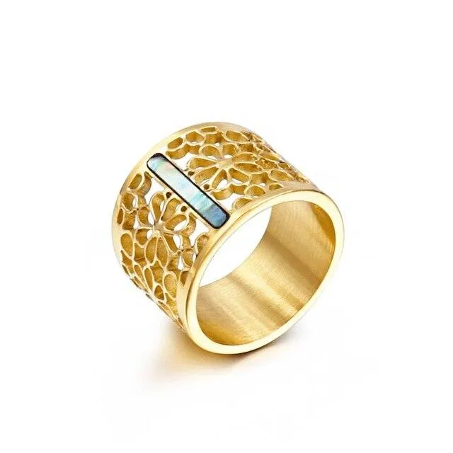 New Stainless Steel Hollow Branch Flower Gold Color Ring