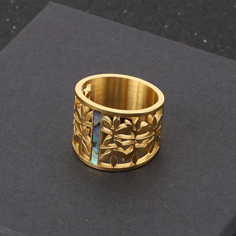 New Stainless Steel Hollow Branch Flower Gold Color Ring