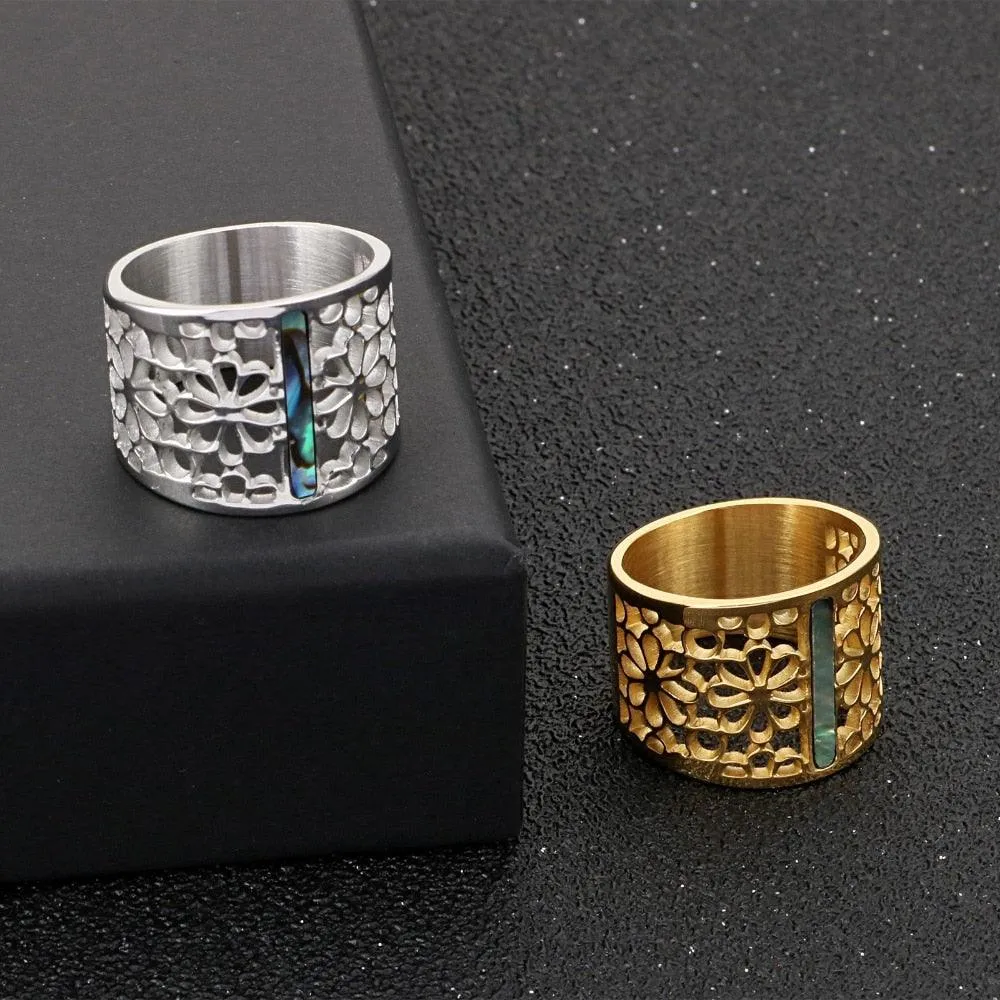 New Stainless Steel Hollow Branch Flower Gold Color Ring