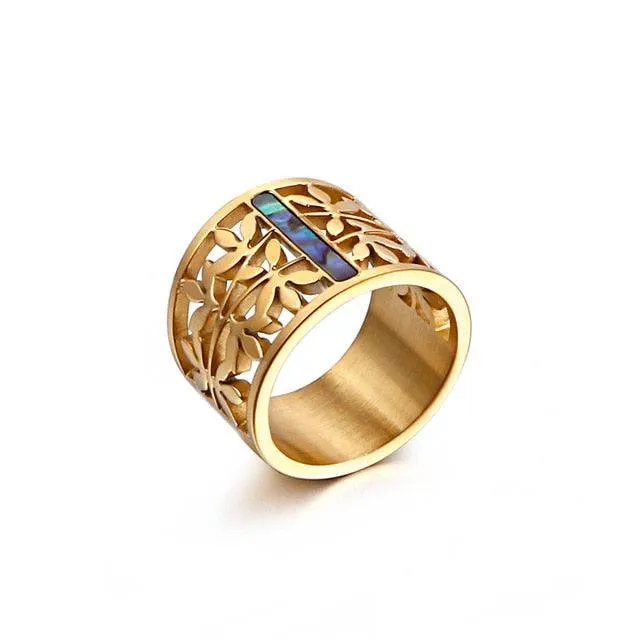 New Stainless Steel Hollow Branch Flower Gold Color Ring