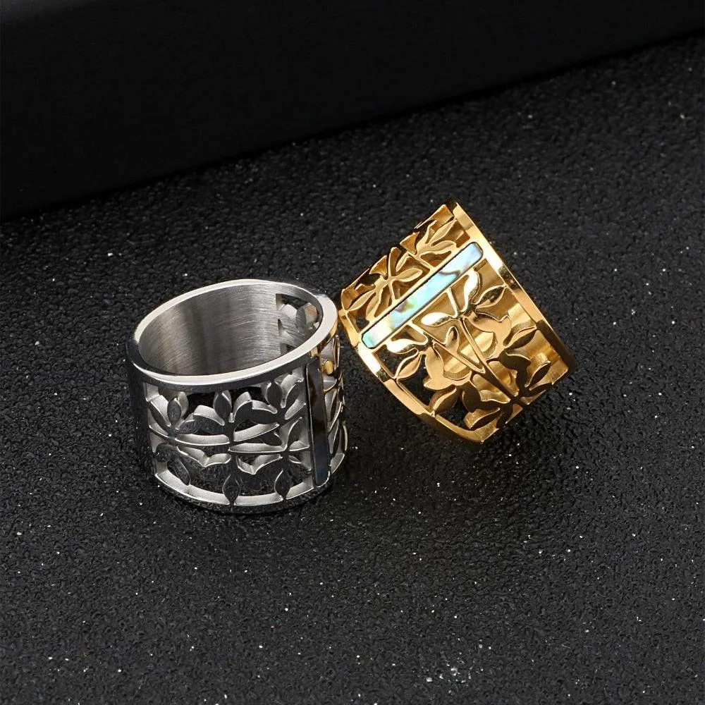New Stainless Steel Hollow Branch Flower Gold Color Ring