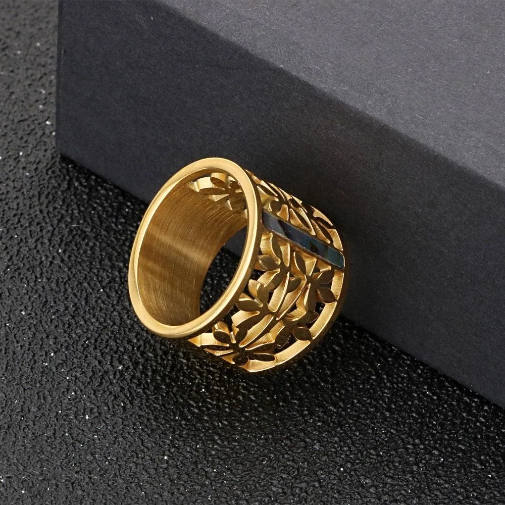 New Stainless Steel Hollow Branch Flower Gold Color Ring