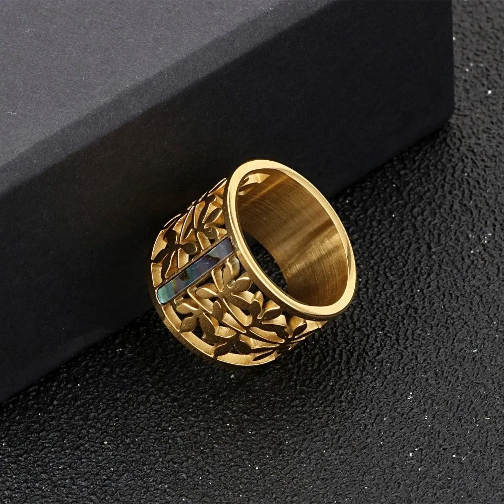 New Stainless Steel Hollow Branch Flower Gold Color Ring