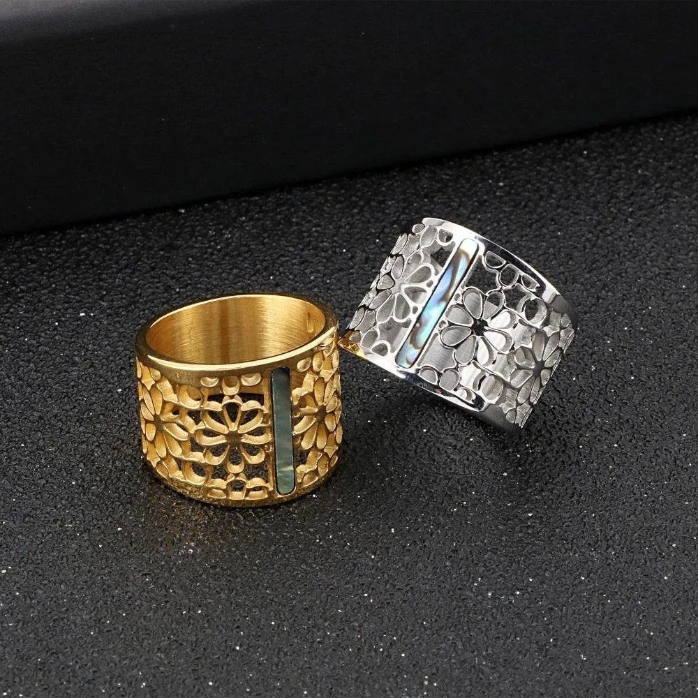 New Stainless Steel Hollow Branch Flower Gold Color Ring