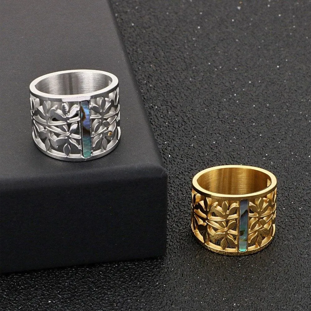 New Stainless Steel Hollow Branch Flower Gold Color Ring
