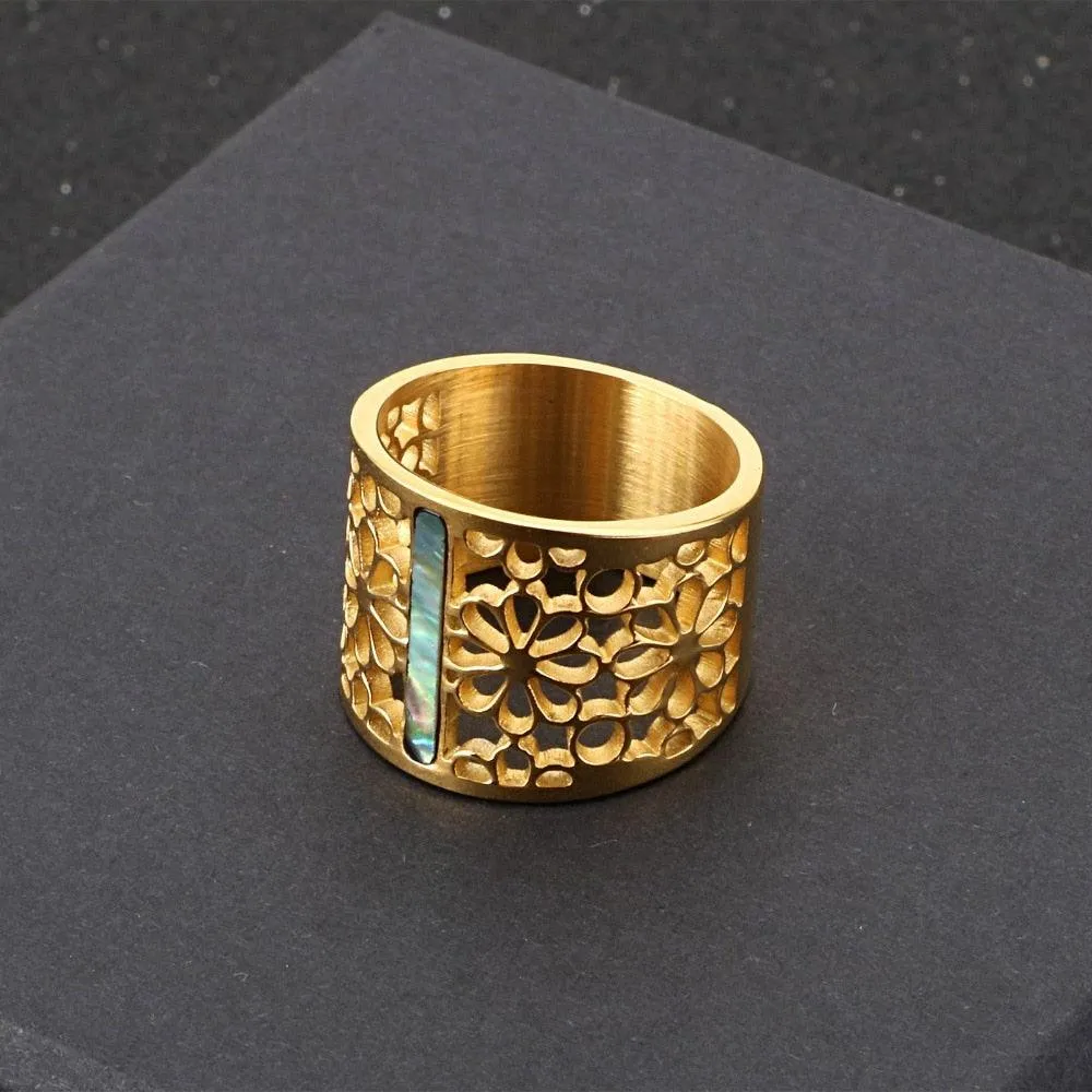 New Stainless Steel Hollow Branch Flower Gold Color Ring