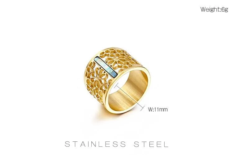 New Stainless Steel Hollow Branch Flower Gold Color Ring