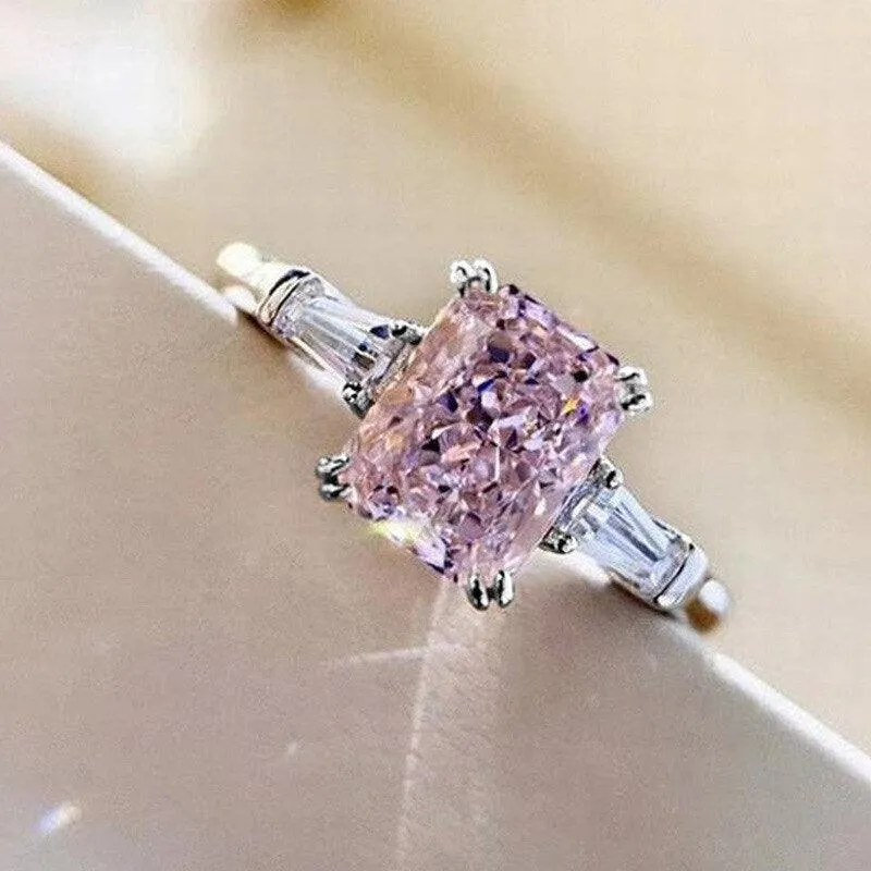 New Trendy Luxury Pink Color Princess Cut AAA  Cubic Zirconia Diamonds Fashion Ring