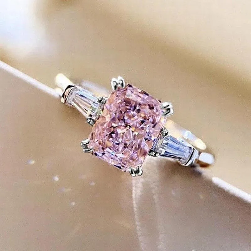New Trendy Luxury Pink Color Princess Cut AAA  Cubic Zirconia Diamonds Fashion Ring