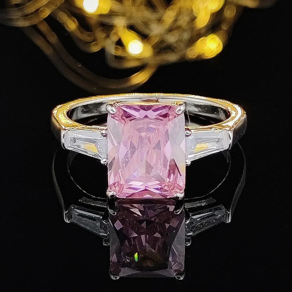 New Trendy Luxury Pink Color Princess Cut AAA  Cubic Zirconia Diamonds Fashion Ring