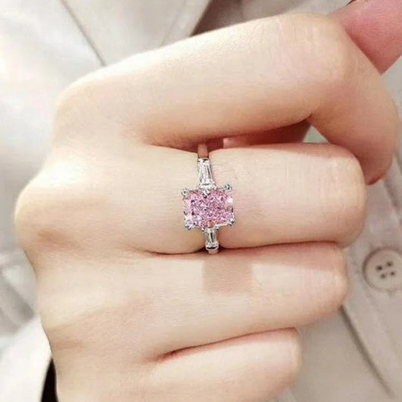 New Trendy Luxury Pink Color Princess Cut AAA  Cubic Zirconia Diamonds Fashion Ring