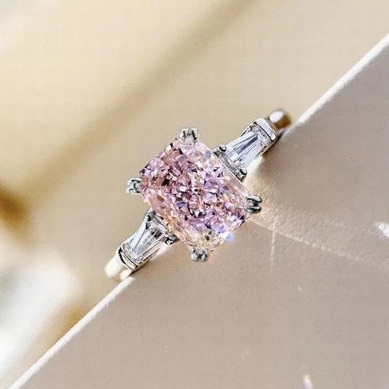 New Trendy Luxury Pink Color Princess Cut AAA  Cubic Zirconia Diamonds Fashion Ring
