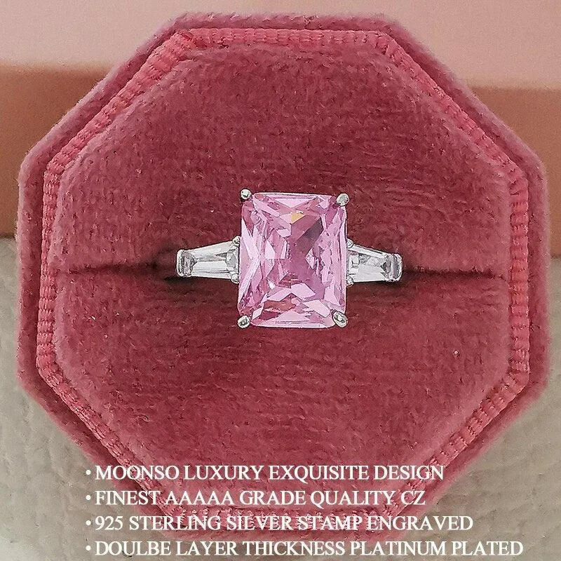 New Trendy Luxury Pink Color Princess Cut AAA  Cubic Zirconia Diamonds Fashion Ring