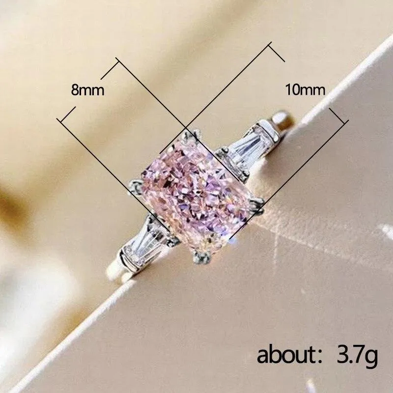 New Trendy Luxury Pink Color Princess Cut AAA  Cubic Zirconia Diamonds Fashion Ring