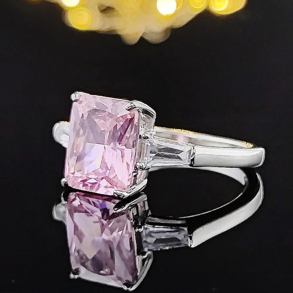 New Trendy Luxury Pink Color Princess Cut AAA  Cubic Zirconia Diamonds Fashion Ring