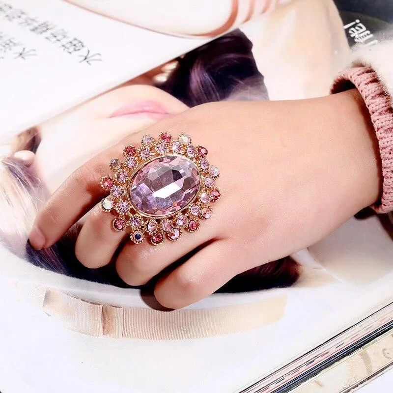 NEW VINTAGE RING Luxury Gold Plated Metal Big Pink Crystal Adjustable Rings