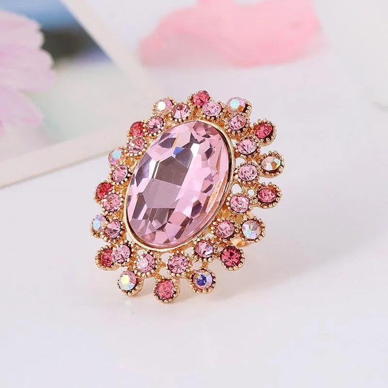 NEW VINTAGE RING Luxury Gold Plated Metal Big Pink Crystal Adjustable Rings